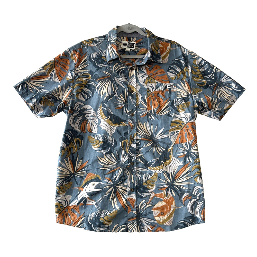 Salty Crew Mens Short Sleeve Button Up Shirt Size L Fish Blue Hawaiian Rev Print